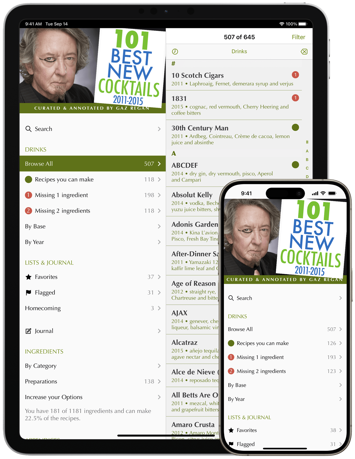 101 Best New Cocktails’ main screen running on an iPad and iPhone