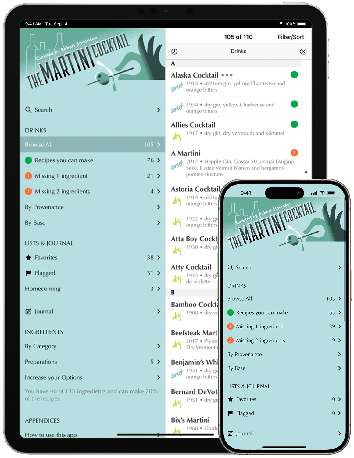 The Martini Cocktail’s main screen running on an iPad and iPhone